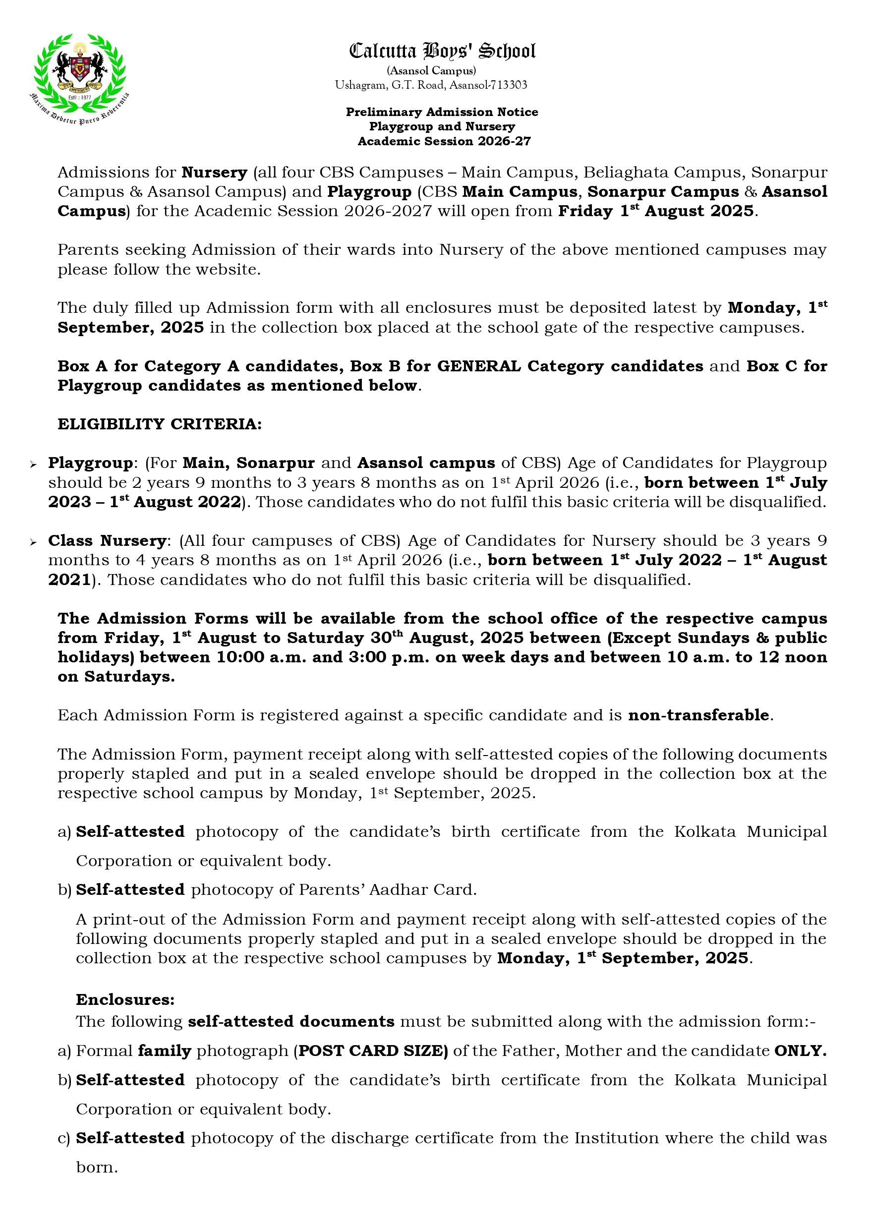 Admission Notice